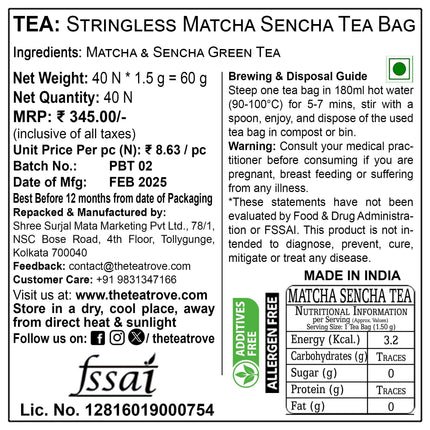 The Tea Trove Japanese Matcha Green Tea Bags-40 Eco-Friendly Matcha Tea + Sencha Green Tea Bag In Resealable Pouch,0.06 Kg
