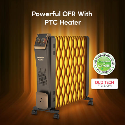 Havells Hestio 15 Wave Fin OFR (Oil Filled Radiator)|Room Heater|2900 W|3 Heat Settings & PTC Fan Heater|Inclined Control Panel|Retractable Wheels| Comfortable Breathing|360° Heating (Black) 