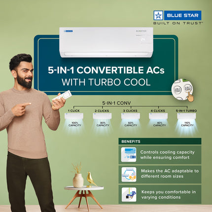 Blue Star 1.5 Ton 4 Star, 60 Months Warranty, Inverter Split AC (Copper, 5 in 1 Convertible Cooling, Turbo Cool, ID418YNU, White) 