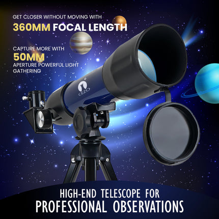 Cezo Telescope for Kids & Adults, 50mm Aperture Astronomical Refractor Telescope for Astronomy Beginners (18X-28.8X), 360mm Portable Scope with Tripod Stand and Mobile Holder (50-MM) 