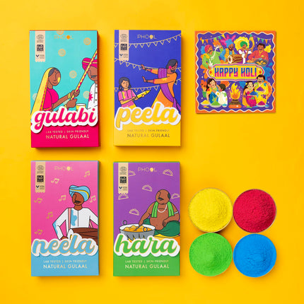 Phool Holi Gulal Colour -Pack of 4 Organic Holi Colours - 4X 100 (400) GMS Gulal Colours of Pink, Blue,Green, Yellow Certified Skin Safe Gulaal 