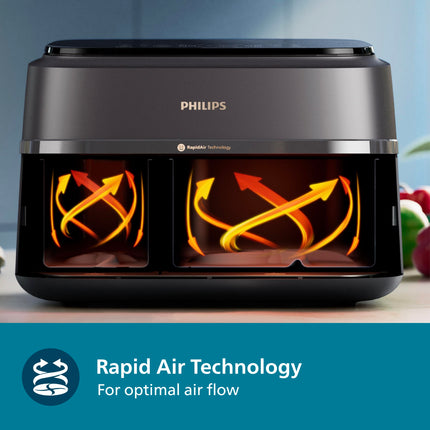 PHILIPS Air Fryer NA352/00 with Rapid Air Technology, 9L capacity, Dual basket (6L & 3L) for full oven tray cooking, 8 Preset Menus, Intuitive touch control, 90% less oil, 500+ Recipes, Extra Large 