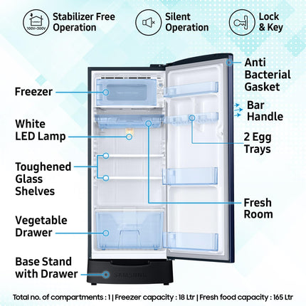 Samsung 183 L, 4 Star, Digital Inverter, Direct-Cool Single Door Refrigerator (RR20C1824HV/HL, Himalaya poppy Blue, Base Stand Drawer) 