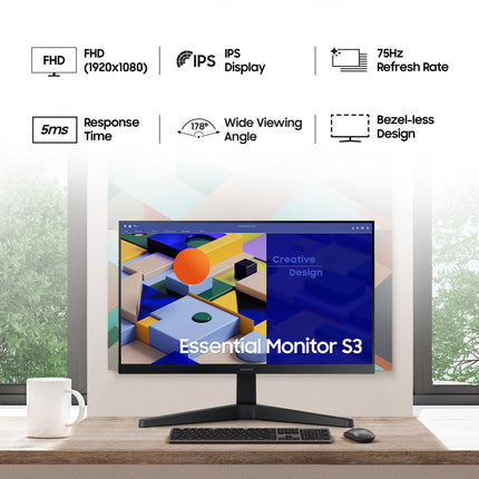 Samsung 22-inch (54.6cm) FHD Flat 1,920 x 1,080 Monitor, IPS, 75 Hz, Bezel Less Design, AMD FreeSync, Flicker Free, HDMI, D-sub, (LS22C310EAWXXL, Black) 