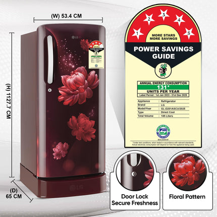 LG 185 L, 5 Star, Smart Inverter, Direct-Cool Single Door Refrigerator (GL-D201ASCU.BSCZEBN, Scarlet Charm, Base stand with drawer & Fast Ice Making) 