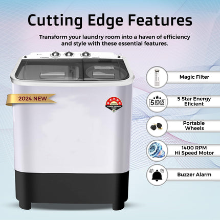 Power Guard 6.5 kg 5 Star Semi-Automatic Top Loading Washing Machine Appliance (2024 Model,PG65WM-Bk-OP, Black, Powerful Motor,Effective Wash Pulsator,1350 RPM & Castors) 