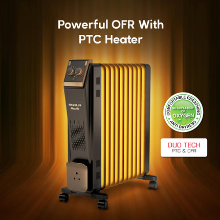 Havells 11 Fin Hestio Straight Fin OFR (Oil Filled Radiator)|Room Heater|2900 W|3 Heat Settings & PTC Fan Heater|Inclined Control Panel|Retractable Wheels| Comfortable Breathing|360° Heating (Black) 