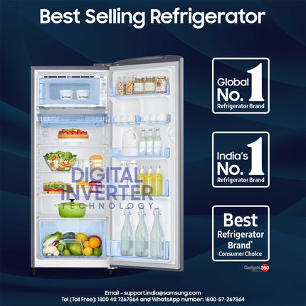Samsung 223 L, 3 Star Inverter Direct-Cool Single Door Refrigerator (RR24C2723S8/NL, Silver, Elegant Inox) 