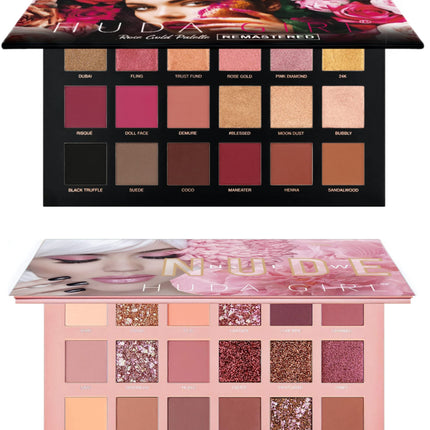 HUDA GIRL Beauty Rose Gold Remastered + Nude Edition Eyeshadow Palette Combo Kit - 36 Matte and Shimmer Finishes, Includes Black Eyeshadow - Complete Eye Shadow Palette Set 