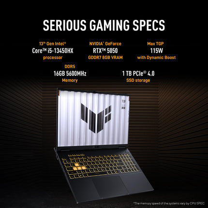 ASUS TUF F16,13th Gen,Intel Core i5-13450HX,Gaming Laptop(RTX 5050-8GB/115W TGP/16GB RAM/1TB SSD/FHD+/16"/165Hz/90Whr/Windows 11/M365 Basic (1Year)*/Office Home 2024/Jaeger Gray/2.5 Kg)FX608JH-RV057WS 