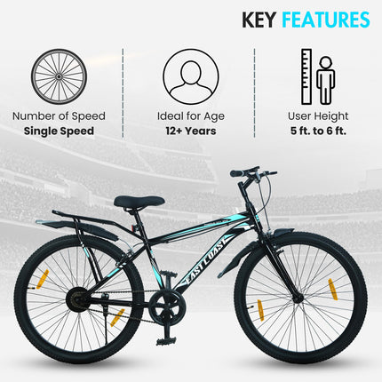 EAST COAST Unisex Premium City Single Speed Cycle/Bicycle | 26T City Bike/City Cycle with Inbuilt Carrier, 18 Inch Frame, Caliper Brake Ideal for 12+ Years (Black Color), Rigid 
