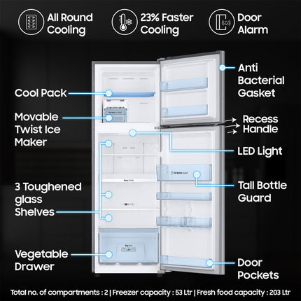 Samsung 256L 3 Star Digital Inverter Frost-Free Double Door Refrigerator Appliance (RT30C3433S9/HL,Refined Inox) 