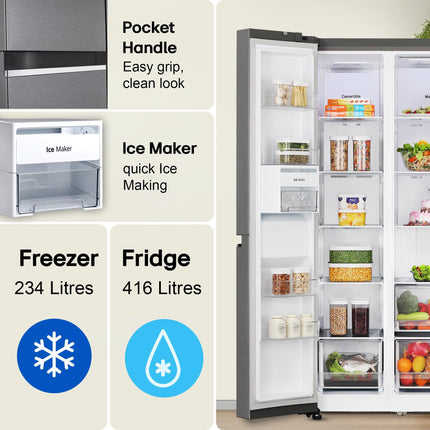 LG 650 L, 3 Star, Smart Inverter Compressor, Convertible, Door Cooling+, Frost Free Double Door Side by Side Refrigerator (GL-B257HDS3, Dazzle Steel, Express Freeze) 