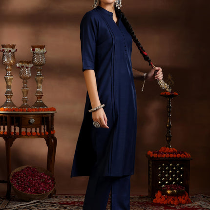 Libas Women's Silk Blend Kurta Set (39041_Navy Blue 