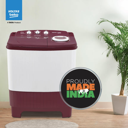 Voltas beko, A Tata Product 6 kg 5 Star Semi-Automatic Top Load Washing Machine With Air Dry (2024 Model, WTT60UNX/OK3R0R0W01, Burgundy, Special Pulsator Technology) 