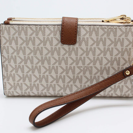 Michael Kors Womens Jet Set Travel Double Zip Wristlet - Signature Pvc (Vanilla Pvc/Dark Acorn), Brown 