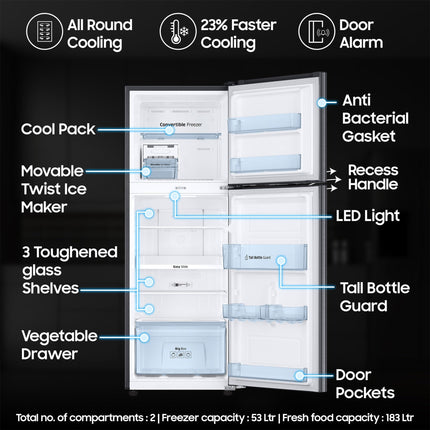 Samsung 236 L, 3 Star, Convertible, Digital Inverter with Display Frost Free Double Door Refrigerator (RT28C3733S8/HL, Silver, Elegant Inox) 