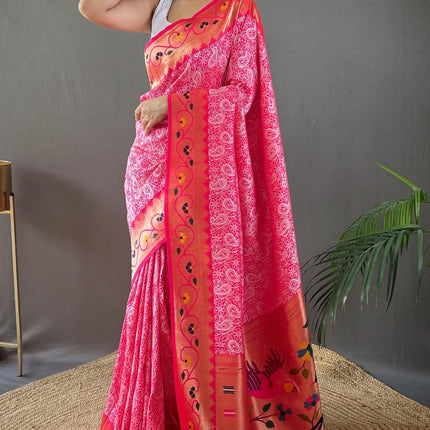 SGF11 Women's Paithani Soft Lichi Silk Kanjivaram Sarees With Blouse Piece (Pink) 
