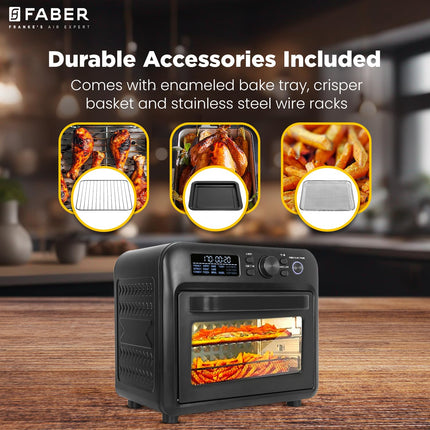 Faber Air Fryer Oven 20L, Digital Control, Bake Tray, SS Wire Tray & Basket, Crumb Tray, Rotisserie Kit | 15 Preset Auto Program | Bake,Roast,Fry,Toast,Defrost | FAO 20L BK 15DF 