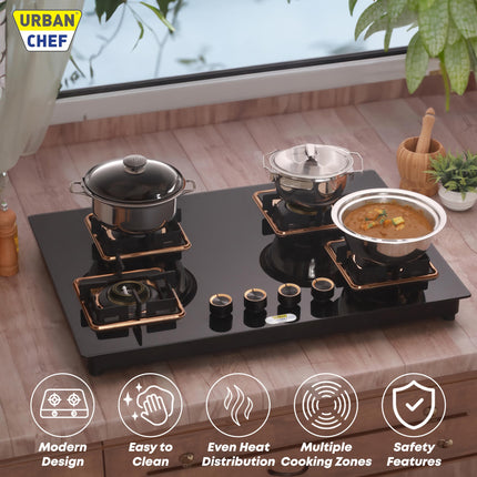 Urban Chef Gas Stove 4 Burners Glass Top | ISI Certified 4 Burner Stoves | Gas Chulha LPG & PNG Compatible | Burner Auto Ignition Cooktop | Easy Grip Knobs,7mm Thick Toughened Glass (Hob Top-Rose Gold 