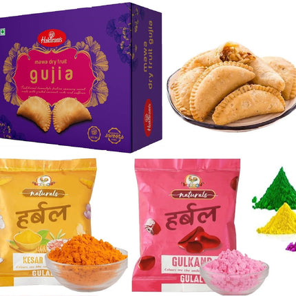 Holi Gift Hamper Combo - Haldiram Gujiya Sweet Box 400gms, Cock Herbal Non Toxic Gulal Colours Pack of 2 
