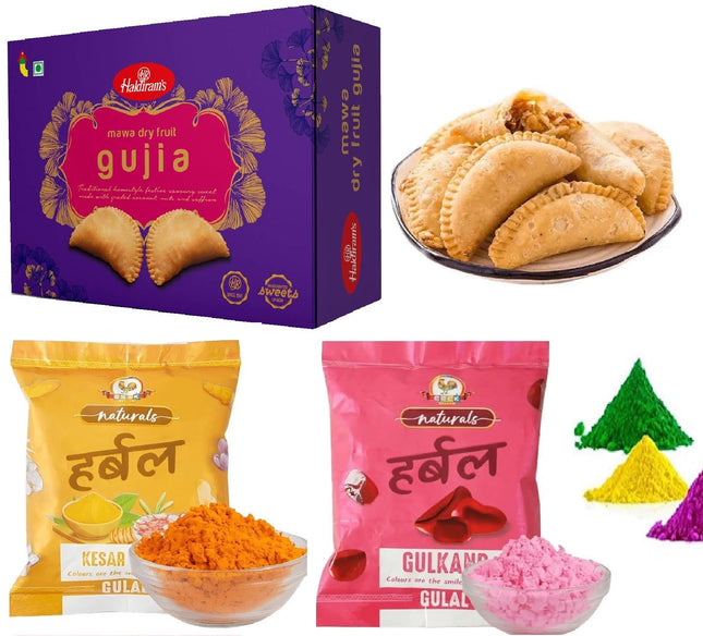 Holi Gift Hamper Combo - Haldiram Gujiya Sweet Box 400gms, Cock Herbal Non Toxic Gulal Colours Pack of 2 