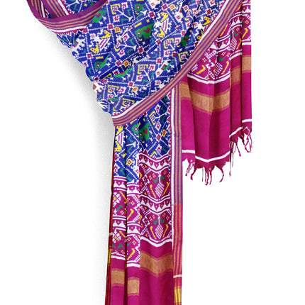 Garvi Gurjari Blue and Magenta Handwoven Double Ikat Silk Dupatta | Handloom Dupatta | Patan Patola | Length 2.5mtr 