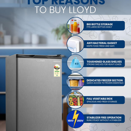 Lloyd 92 L Direct Cool Single Door 1 Star Refrigerator with Dedicated Freezer Section Big Bottle StorageFull Vegetable Box (Grey Metallic) 