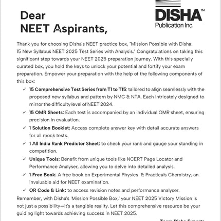 New Pattern Mission Possible with Disha's 15 NEET 2025 Mock Test Series with Free Book on Experiments 3nd Edition | Rank Predictor, 15 Test Booklets, OMR Sheets, NCERT Locater & Solutions 