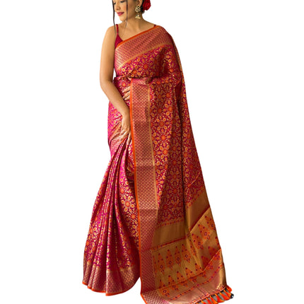 SGF11 Women's Kanjivaram patola Soft Lichi Silk Sarees With Unstitched Blouse Piece (Wine/Orange) 