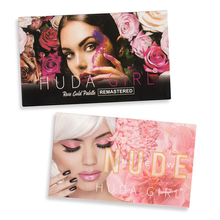 HUDA GIRL Beauty Rose Gold Remastered + Nude Edition Eyeshadow Palette Combo Kit - 36 Matte and Shimmer Finishes, Includes Black Eyeshadow - Complete Eye Shadow Palette Set 
