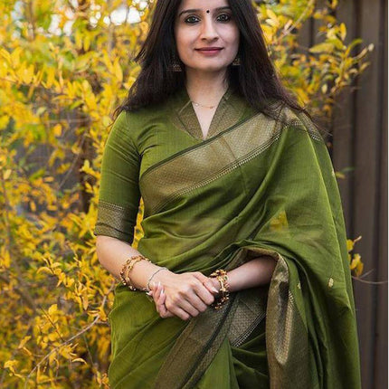 SIRIL Women's Soft Silk Saree | Banarasi Silk Sari | Jacquard Zari Work Saree With Unstitched Blouse Piece (4051S599_Olive Green) 