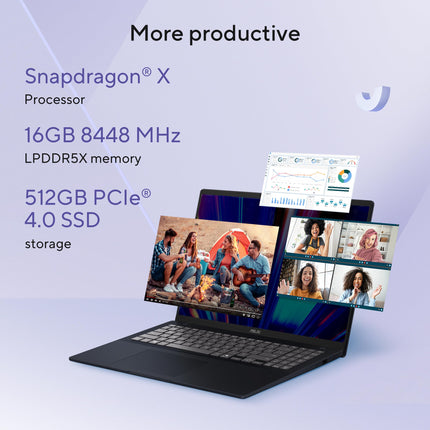 ASUS Vivobook 16, Snapdragon X, 16GB RAM, 512GB SSD, FHD+ 16", Windows 11, Office Home 2024, Quiet Blue, 1.88kg, X1607QA-MB049WS, Qualcomm Adreno iGPU, 45TOPS, M365 Basic (1Year)* Laptop 