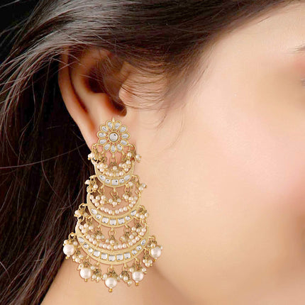 I Jewels 18k Gold Plated 3 Layered Beaded Chandbali Earrings with Kundan and Pearl Work for Women (E2859) 