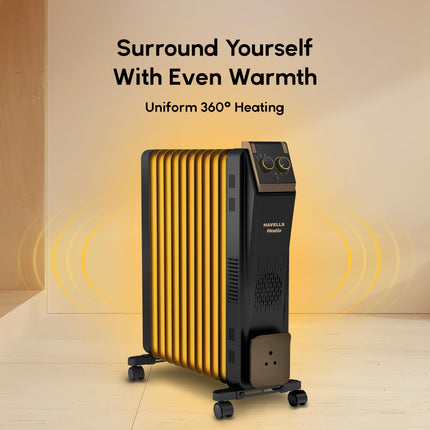 Havells 11 Fin Hestio Straight Fin OFR (Oil Filled Radiator)|Room Heater|2900 W|3 Heat Settings & PTC Fan Heater|Inclined Control Panel|Retractable Wheels| Comfortable Breathing|360° Heating (Black) 