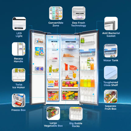 Haier SmartChoice 596L 3Star 2-Door Water Dispenser Side by Side Frost Free Refrigerator|Convertible|Smart Sense AI | Expert Inverter|Digital Display Panel (2025 Model, HRS-682WGKU1, Graphite Black) 