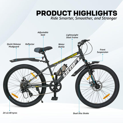 VESCO Drift 24 T Cycle 7 Speed Gear | Kids Cycle for Boys 9-13 Age | 16 inch Frame | Mountain Bicycle with Front Suspension & Dual Disc Brakes | Ideal for Kids 10-12 Years (Charcoal Grey) 