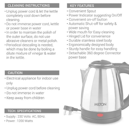 Milton Euroline Go Electro 1.2 Stainless Steel Electric Kettle, (1 Piece), 1.2 Litres, Silver | Power Indicator | 1500 Watts | Auto Cut-off | Detachable 360 Degree Connector | Boiler for Water 
