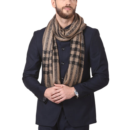 Pashtush Woven Mens Fine Wool Stole, Check-Stipe Design, Mens Muffler, Warm Cashmere Feel (Black)