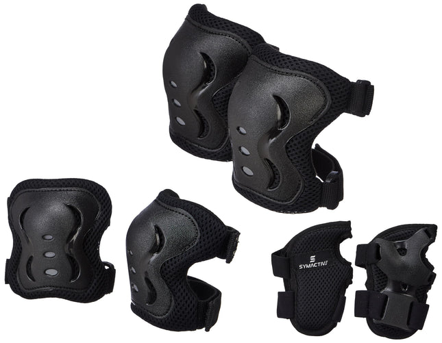 Amazon Brand - Symactive Professional Protective Gear Set (Knee/Elbow/Wrist Guard) for Skateboarding, Roller Skating, Inline Skating, Cycling and Other Sports Kids, Boys and Girls (Medium, Black) 