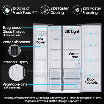 Samsung 633 L, 3 Star, Frost Free, Double Door, Convertible 5-in-1 Digital Inverter, Side By Side Refrigerator with AI, WiFi & Water & Ice Dispenser (RS78CG8543S9HL, Silver, Refined Inox) 
