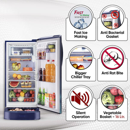 LG 201 L 5 Star Inverter Direct-Cool Single Door Refrigerator (GL-D211HBCZ, Blue Charm, Base stand with drawer) 