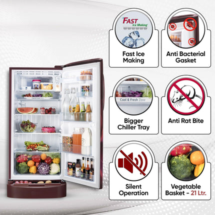 LG 210 L, 5 Star, Direct Cool, Smart Inverter Compressor, Single Door Refrigerator (2025 Model, GL-D231ASAU, Scarlet Aurora, Moist 'N' Fresh, Base stand with Drawer & Fast Ice Making) 