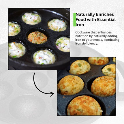 HomeEssentials Appam Pan - 12 Pit/Cup Appe Maker/Pre-Seasoned/Pan for Mini Pancakes, Litti, Potato Balls & Stuffed Snacks/Appe Pan Paniyarakkal/Dual Side Rubber Handle (28cm, Aluminium) 