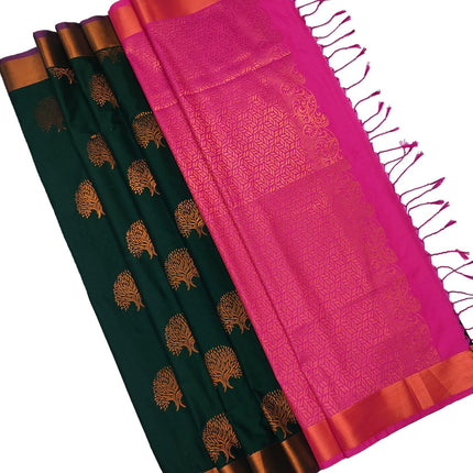 Kanchipuram Pure Silk Saree Original Golden Zari Intricate Jacquard Weaves Traditional Rich Border & Contrast Zari Rich Pallu(Green)-Silk Mark 