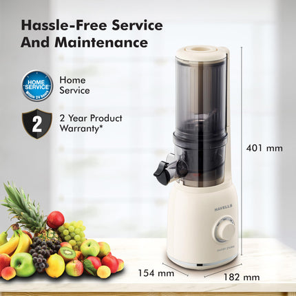 Havells Nutri Pure New Generation Cold Press Juicer|Low Noise DC Motor 105W,40 RPM|All-in-1 Fruit & Vegetable Juicer|Spiral Auger with SS Prong|Mesh Free filter for Easy Cleaning (Ivory) 105 watts 