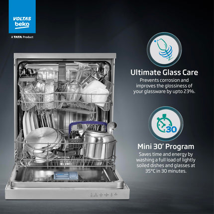 Voltas Beko 14 Place Setting Dishwasher, AquaFlex, AquaIntense (DF14S2,Silver), Free 1 Year Extended warranty 