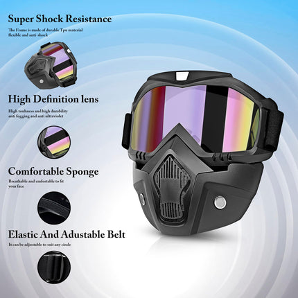 Eliane Goggle Mask Anti Scratch Uv Protective Face & Eyewear Windproof Dirt Shield with Soft Foam Padded Detachable Mouth Filter for Cycling Bike Off Road Racing Ride Unisex (Rainbow Visor), Erin 