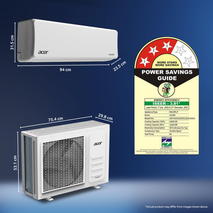 Acer 1.5 Ton 3 Star Split AC (5-In-1 Convertible Cooling Modes, AiSense Technology, ArcticWrap Cooling, PM 1.0 Microbacterial Filter, High Ambient Temperature of 55 °C-AR15AS3IO2HLE25) 