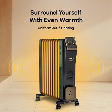 Havells 9 Fin Hestio Straight Fin OFR (Oil Filled Radiator)|Room Heater|2400 W|3 Heat Settings & PTC Fan Heater|Inclined Control Panel|Retractable Wheels| Comfortable Breathing|360° Heating (Black) 